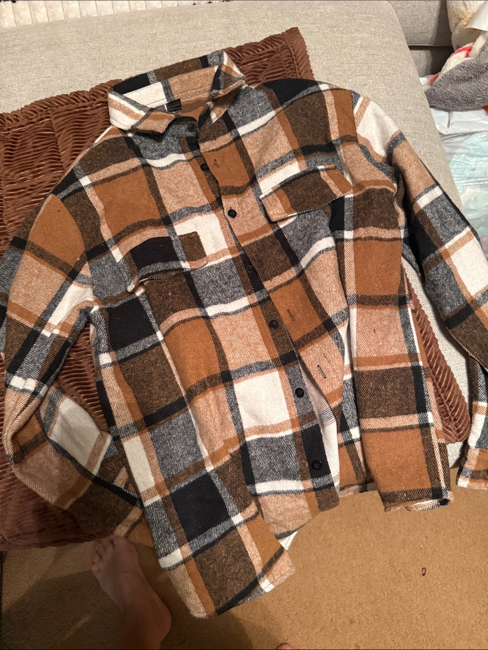 Men's Brown Plaid Button-Up Shacket Jacket